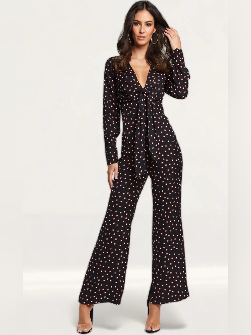 Bardot‎ Tie Front Deep V Long Sleeve Wide Leg Polka Dot Jumpsuit Black Size 8